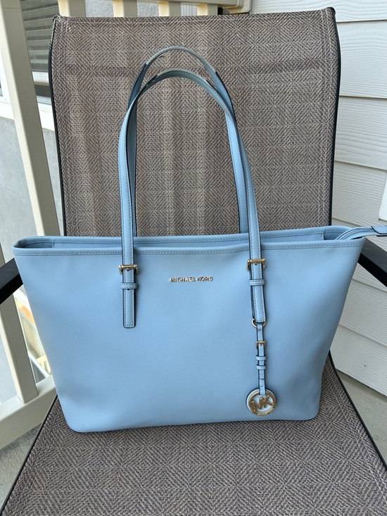 Michael Kors Handbags - Michael Kors Jet Set Sky Blue Saffiano Leather Tote with gold tone MK Charm